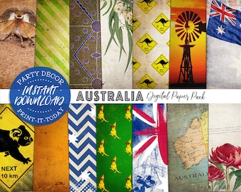 Australia Digital Paper Pack - INSTANT DOWNLOAD - Printable Sheets, Scrapbooking Card Making, Kangaroo, Koala, Outback, Aussie, Green & Gold