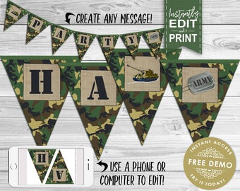 Army Men Party Banner - INSTANT DOWNLOAD - Editable & Printable, Party Decoration, Decor, Bunting, Military, Tank, Soldier, Camo, Dog Tags