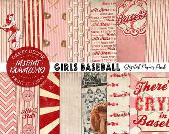 Vintage Girls Baseball Paper Pack - INSTANT DOWNLOAD - 14 Digital Sheets, Printable, Birthday, Rockford Peaches, A League of Her Own