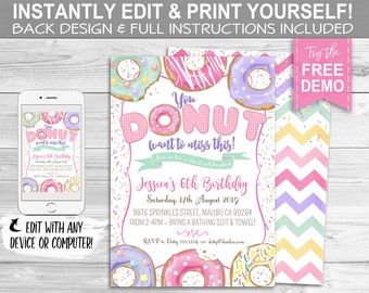 Donut Party Invitation - INSTANT DOWNLOAD - Editable & Printable, Girls Birthday Invite, Donuts, Bday, Sweet, Sprinkles, Pink, Pastel