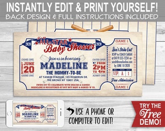 Vintage Baseball Baby Shower Invitation - INSTANT DOWNLOAD - Editable & Printable, All Star Ticket Invite, Ballgame, Print it Yourself