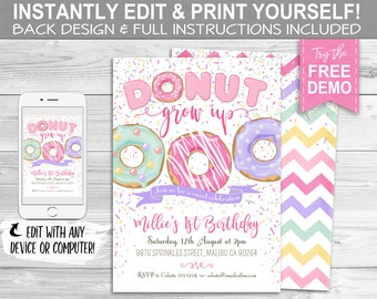 Donut 1st Birthday Invitation - INSTANT DOWNLOAD - Editable & Printable, Girls Party, Invite, Donuts, First Bday, Sweet, Sprinkles