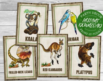 Australian Animals 5x7" Table Cards - INSTANT DOWNLOAD - Printable Birthday, Aussie Party Decoration, Kangaroo, Koala, Poster, Sign Decor