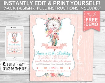 Dreamcatcher Boho Invitation, Birthday or Baby Shower - INSTANT DOWNLOAD - Editable & Printable, Pink Southwest Rustic, Floral, Party Invite