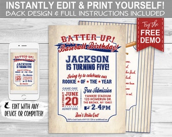 Vintage Baseball Invitation - INSTANT DOWNLOAD - Edit & Print Yourself, Rookie, Batter Up, Birthday Party Invite, Bday, Ballgame, Printable