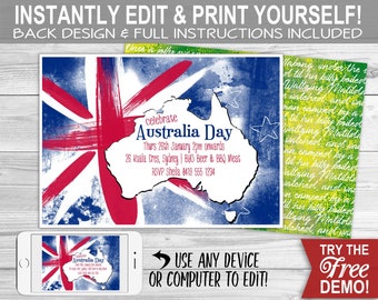 Australia Day Invitation - INSTANT DOWNLOAD - Edit & Print, Aussie BBQ Party Invite, Summer, Australian Flag, Green Gold, Celebrate