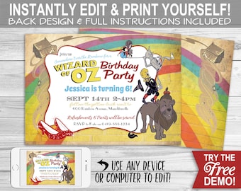 Wizard of Oz Birthday Invitation - INSTANT DOWNLOAD - Partially Editable & Printable Over the Rainbow, Ruby Slippers Birthday Party Invite