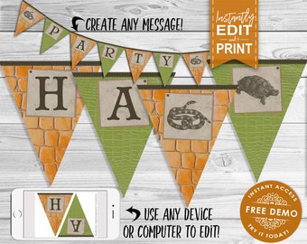 Reptile Party Banner - INSTANT DOWNLOAD - Partially Editable & Printable Birthday Decor, Snake, Lizard, Party Decorations, Bunting, Scales