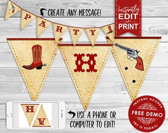 Wild West Cowboy Party Banner - INSTANT DOWNLOAD - Editable & Printable Birthday Decorations, Bunting, Decor, Western, Rodeo, Boots