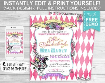 Alice in Wonderland Tea Party Invitation - INSTANT DOWNLOAD -  Edit & Print Yourself, Birthday Party, Baby Shower, Pink Invite, White Rabbit