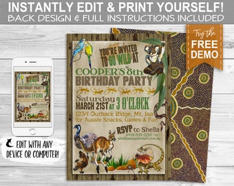 Puede incluir: Invitación a una fiesta de cumpleaños con temática australiana, con un koala, un canguro y otros animales. La invitación mide 12,7 x 17,8 cm y presenta el texto "You're Invited to Go Wild At" y "Cooper's 8th Birthday Party".