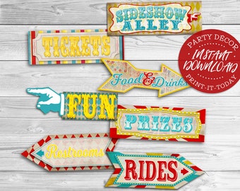 Carnival Arrow Signs Posters - Instant Download - Printable Birthday Party Decorations, Decor, Sideshow Alley, Circus Show, Tickets, Prizes