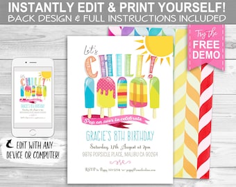 Popsicle Party Invitation - INSTANT DOWNLOAD - Editable & Printable, Girls, Pool, Birthday, Invite, Summer, Ice Cream, Lets Chill, Rainbow