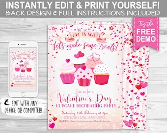 Valentine's Day Cupcake Decorating Party Invitation - INSTANT DOWNLOAD - Editable & Printable, Valentine Invite, Bake, Food, Cupcakes