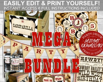 Cowboy MEGA Party Bundle - INSTANT DOWNLOAD - Editable & Printable Birthday Party Decorations, Decor, Rodeo, Country, Wild West, Texas