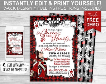 Queen of Hearts Invitation - INSTANT DOWNLOAD - Partially Editable & Printable Bridal Shower, Baby, Birthday Invite, Alice in Wonderland