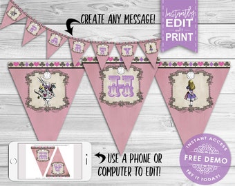 Alice in Wonderland Party Banner Pink Pastel - INSTANT DOWNLOAD - Editable & Printable Birthday Decoration, Decor, Bunting, White Rabbit