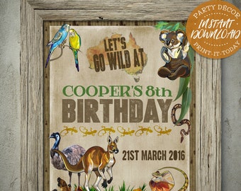 Australian Animals Party Sign Poster - INSTANT Download - Editable & Printable Birthday Decorations, Decor, Kangaroo, Koala, Lizard, Decor