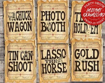 30 Cowboy Game Signs/Party Posters - INSTANT DOWNLOAD - Wild West Printable Party Decorations, Games, Food, Sideshow by Sassaby Parties