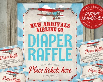 Vintage Airplane Diaper Raffle - INSTANT Download - Printable Aeroplane Airline Baby Shower Digital Poster, Sign, Tickets, Game, Request