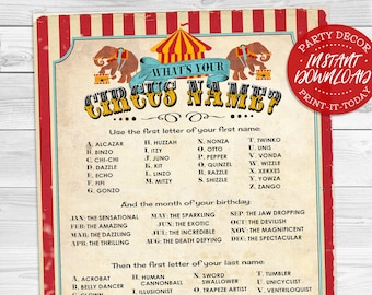Circus Name Poster - INSTANT DOWNLOAD - 'What's your Circus Name?' Printable Sign, Birthday, Party Decor, Carnival, Performer, Decorations