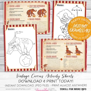 Vintage Circus Activity & Coloring Sheets/Placemats - INSTANT DOWNLOAD - Birthday Party Decorations, Decor, Big Top, Clowns, Carnival, Decor