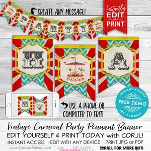 Carnival Banner, Bunting Flags, Edit Text, Editable, Message, Sign, Birthday Party, Welcome Sign, Come One Come All, Circus, Carousel, Instant Download, Printable, Print Yourself,