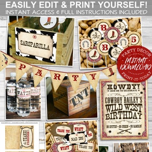 Wild West Cowboy Party Pack - INSTANT DOWNLOAD - Editable & Printable Birthday Party Decorations, Decor, Rodeo, Country, Labels, Banner