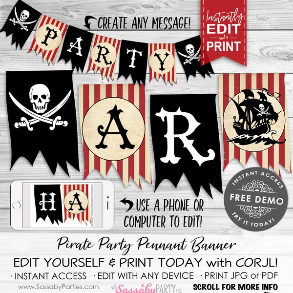 Pirate Party Banner - INSTANT DOWNLOAD - Editable & Printable, Birthday, Boys, Party Decorations, Decor, Bunting, Pirates, Caribbean, Ship