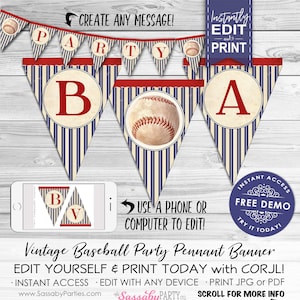 Baseball Banner, Bunting, Printable Birthday Party Decorations, Edit Print Yourself, Instant Download, Vintage Style, Create Your Message, Ballgame, Pennant Flags, Editable