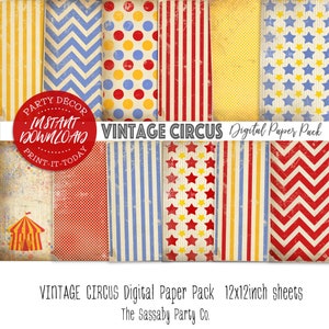 Vintage Circus Digital Paper Pack - INSTANT DOWNLOAD - Scrapbooking Card Making Sheets, Birthday Party Decoration, Decor, Big Top, Carnival