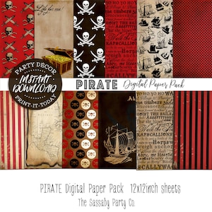 Piraten Papier Pack 12 digitale Blätter - SOFORTIGER DOWNLOAD - Scrapbooking, Karten, Geburtstag, Planer, Aufkleber, Party, druckbare Dekorationen, Papiere