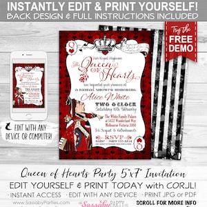 Queen of Hearts Invitation - INSTANT DOWNLOAD - Partially Editable & Printable Bridal Shower, Baby, Birthday Invite, Alice in Wonderland