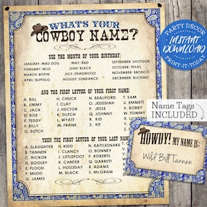 Poster con nome da cowboy del selvaggio West + etichette BLU - DOWNLOAD IMMEDIATO - Cartello stampabile "Qual è il tuo nome da cowboy?" per feste, compleanni, decorazioni da rodeo