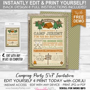 Camping Party Invitation - INSTANT DOWNLOAD -  Partially Editable & Printable Camp Out, Birthday Party Invite, Plaid, Wilderness, Summer