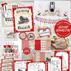 Polar Express MEGA Party Bundle - INSTANT DOWNLOAD - partially Edit, Printable Decorations, Red, Decor, Holiday, Christmas, Birthday, Train