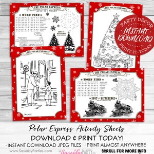 Polar Express Activity Sheets - INSTANT DOWNLOAD - Printable Red Christmas Birthday Party Games, Puzzles, Coloring Sheets, Activities, Train