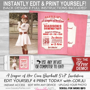 A League of Her Own Baseball Invitation - INSTANT DOWNLOAD - Edit & Print, Photo, Rookie, Birthday Party Invite, Rockford Peaches, Batter Up