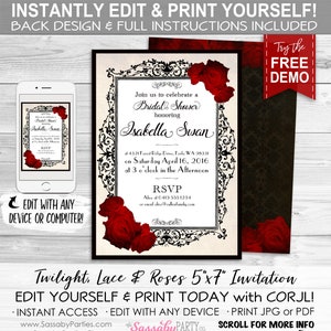 Twilight Lace Roses Invitation, Bridal Shower, Birthday Party, Vampire, Instant Download, Print Yourself, Printable at Home, Edit Text, Editable, Halloween, Gothic, Red Rose