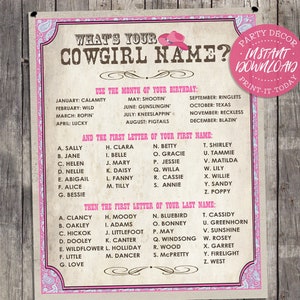 Cowgirl Name Poster PINK - INSTANT DOWNLOAD - 'What's your Cowgirl Name?' Printable Sign, Girls Birthday, Party Decor, Rodeo, Wild West