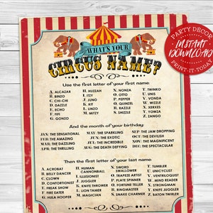 Circus Name Poster - INSTANT DOWNLOAD - 'What's your Circus Name?' Printable Sign, Birthday, Party Decor, Carnival, Performer, Decorations