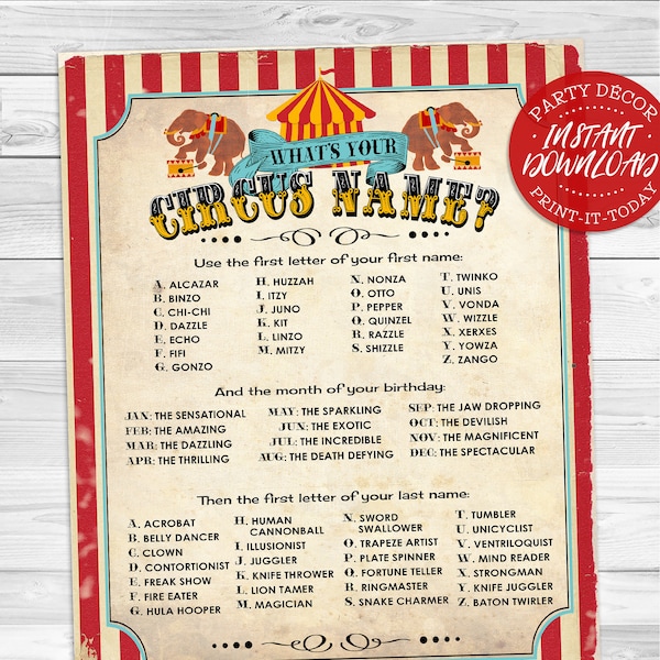 Circus Name Poster - INSTANT DOWNLOAD - 'What's your Circus Name?' Printable Sign, Birthday, Party Decor, Carnival, Performer, Decorations