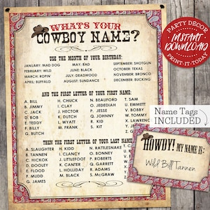 Poster con nome cowboy del selvaggio West + targhette con nome ROSSO - DOWNLOAD IMMEDIATO - 'Qual è il tuo nome da cowboy?' Segno del partito stampabile, compleanno, arredamento Rodeo