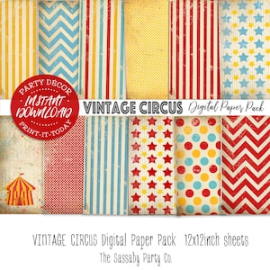 Vintage Circus Digital Paper Pack - INSTANT DOWNLOAD - Scrapbooking Card Making Sheets, Birthday Party Decoration, Decor, Big Top, Carnival