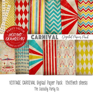 Vintage Carnival Paper Pack 12 Digital Sheets - INSTANT DOWNLOAD - Printable, Circus, Scrapbooking, Cards, Birthday, Planner, Stickers,