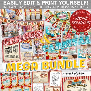 Circus + Carnival MEGA Party Bundle - INSTANT DOWNLOAD - Editable & Printable, Birthday, Baby, Decorations, Decor, Carnival, Posters, Labels