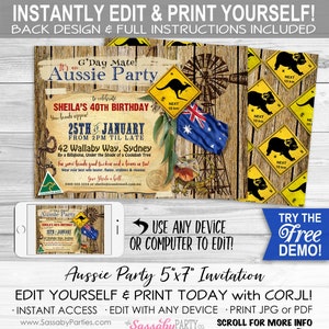 Aussie Party Invitation - INSTANT DOWNLOAD - Edit & Print, Australia, BBQ Birthday Backyard Invite, Australian Flag, Kangaroo Koala, Summer