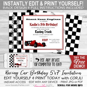 Racing Car Birthday Invitation - INSTANT DOWNLOAD - Editable & Printable, Grand Prix, Race Car, Boys Party Invite, Edit Print Yourself