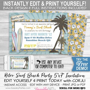 Surfer Dude Invitation, Any Age, Surf Party, Summer, Sunshine, Palm Trees, Surfing, Boards, Hawaii, Instant Download, Printable Birthday, Swimming, Hawaiian Luau, Surf Shack, Print Yourself