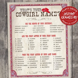 Cowgirl Name Poster RED - INSTANT DOWNLOAD - 'What's your Cowgirl Name?' Printable Sign, Girls Birthday, Party Decor, Rodeo, Wild West